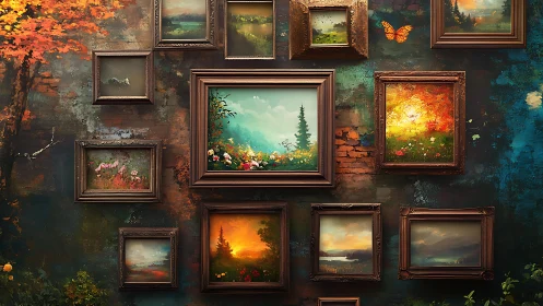 Framed landscape paintings on textured wall background.