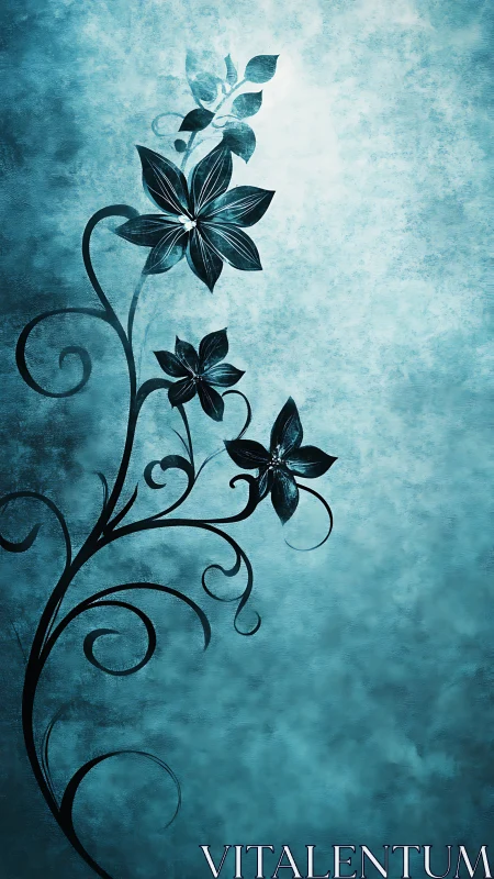 Dark botanical vine with five-petal flowers on textured turquoise background