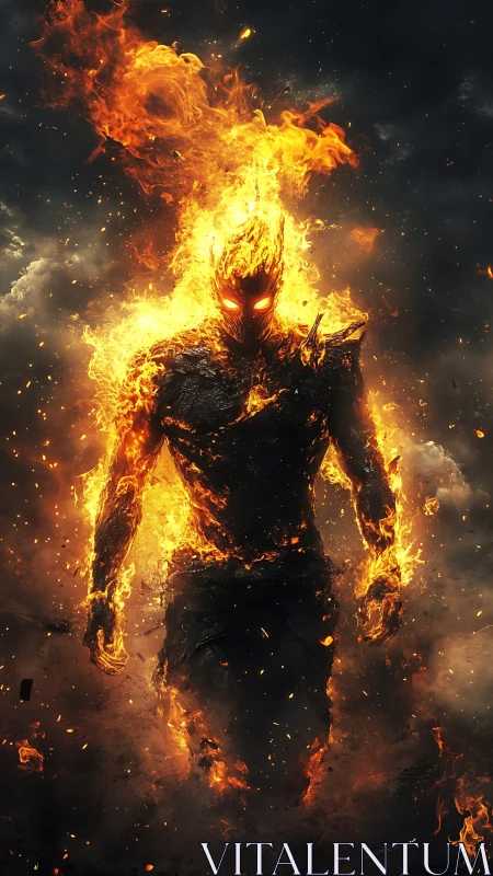 Fiery humanoid figure walking through smoke and embers.