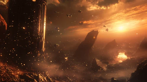 Molten dusk over a mysterious alien valley world.