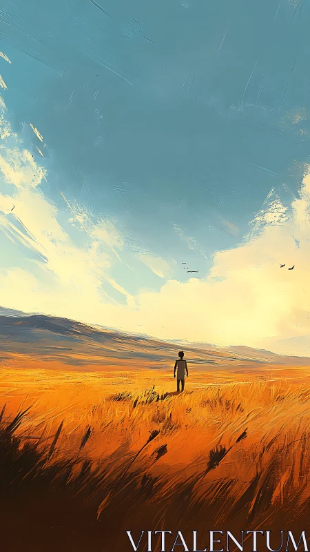 Solitary figure walking through expansive golden field.