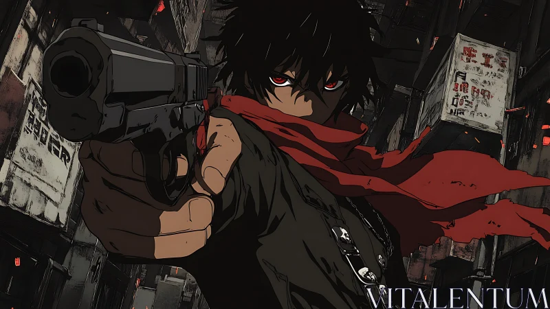 Red-scarfed gunman in dark alleyway standoff scene.