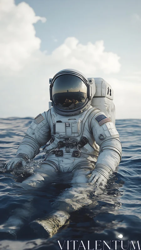Seated astronaut remains partially submerged in open water