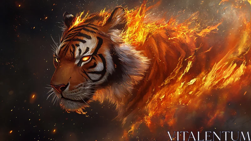 Tiger head rendered in flames against dark background.