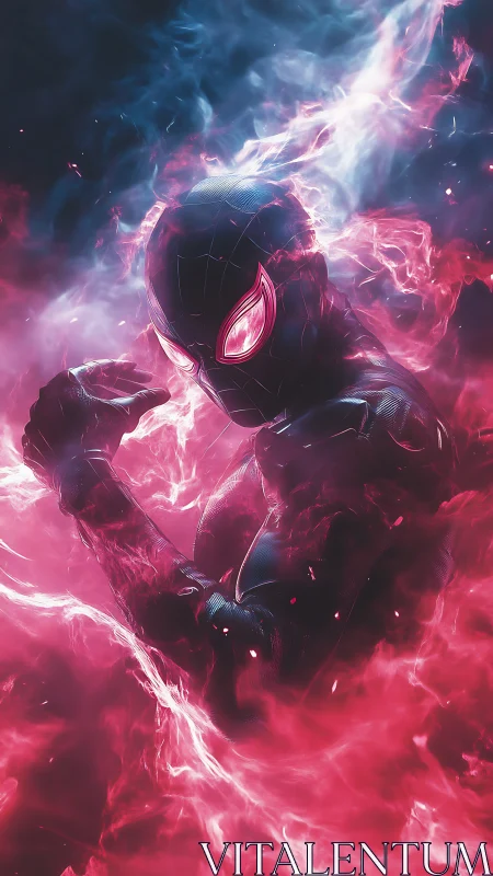 Neon-charged masked vigilante in volumetric plasma vortex.