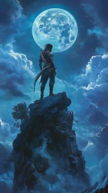 Lone lunar warrior on cloud-sheathed pinnacle under full moon.