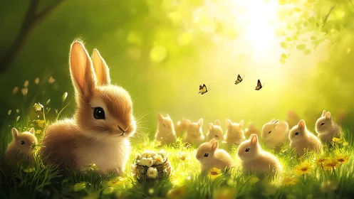 Sunlit meadow scene with rabbits and butterflies gathered.