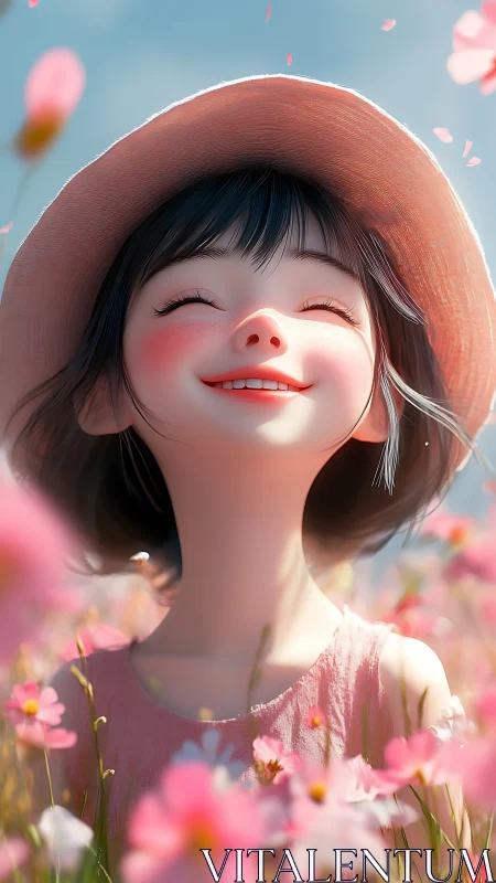 Sunlit bloom Girl smiling in a whirlwind of pink petals.