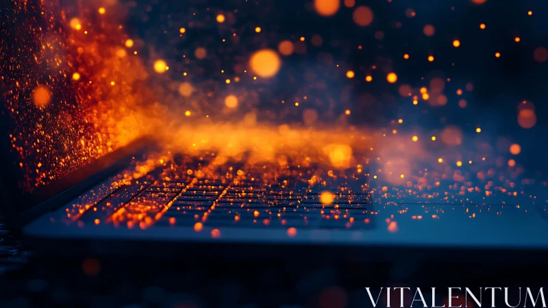 Data embers drift from a glowing laptop like digital fireflies