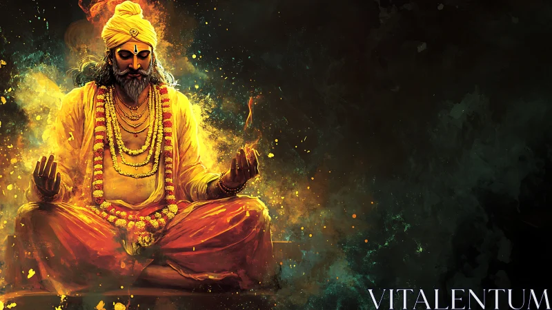 Mystic sage meditates in fiery cosmic aura of golden light