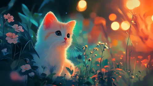White Cat in Luminous Garden with Golden Bokeh Lights