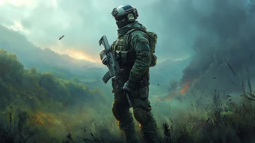 Lone armored soldier surveys a smoky battlefield at dawn