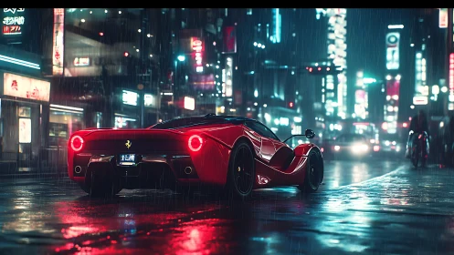 Red supercar idles under neon rain in futuristic city street
