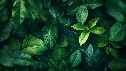 Overhead view of dense tropical foliage in deep greens.