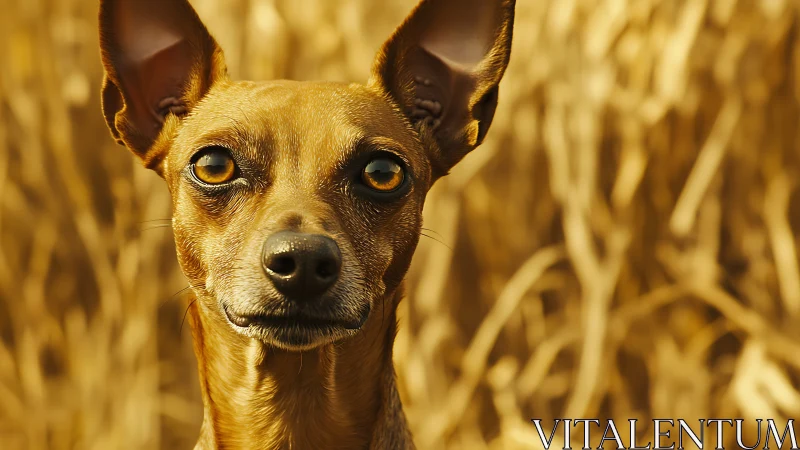 Close-up portrait of alert brown dog in golden field.