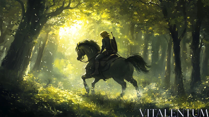 Gentle rider entering a sunlit forest of quiet adventure.