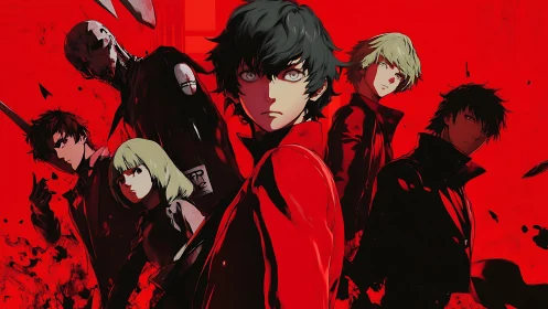 Scarlet-clad anime team poised against blood-red void.