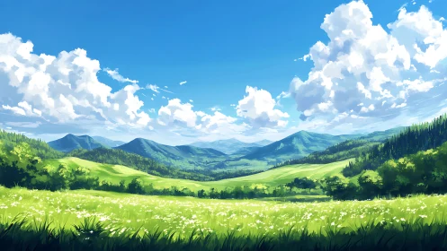 Sky-bright meadow dreaming under mountain-soft horizons.
