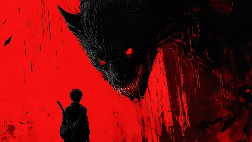 Backlit swordsman confronts colossal demonic wolf in stark red field