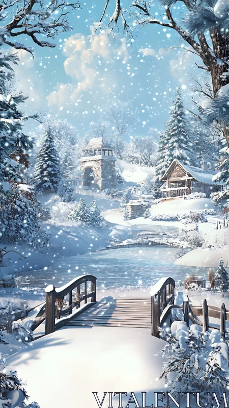 Snowy wooden bridge over frozen river in winter village.