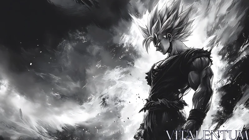 Monochrome anime warrior amid swirling energy storm.