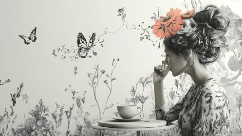 Woman sits in profile beside cup with monochrome flora