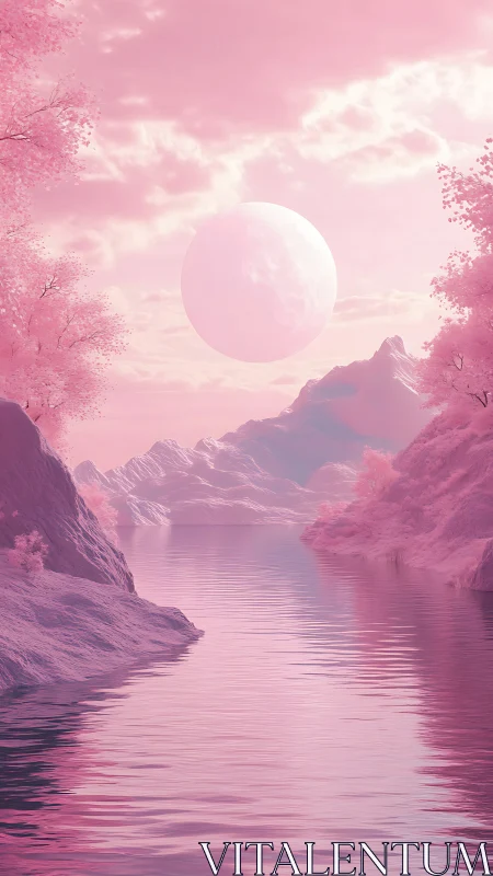 Monochrome pink valley lake with large celestial body.