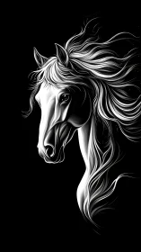 Monochrome stylized horse portrait on black background.