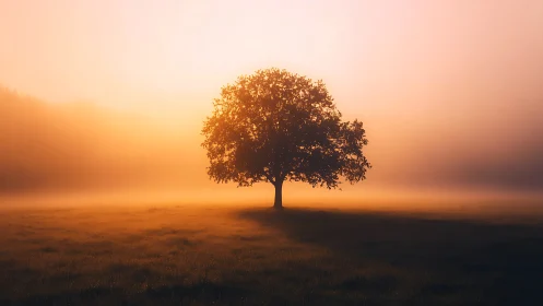 Solitary oak in volumetric dawn fog with radiant backlight.