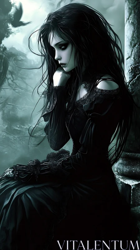 Melancholic gothic girl in dark forest setting at dusk.