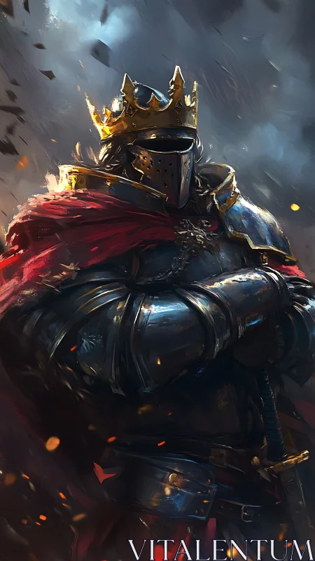 Armored king in dark battlefield with blazing red cloak.