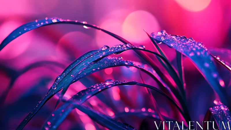 Neon dew on twilight leaves in a dreamy magenta glow.