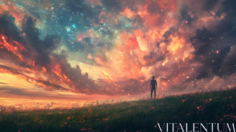 Lone figure observing vivid cosmic sky over meadow.