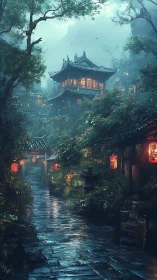 Lantern-lit rainwalk through misty mountain temple gardens.