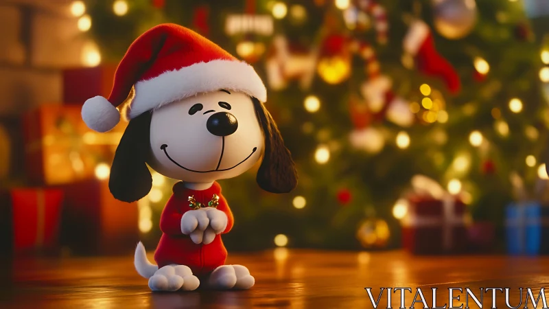 Holiday beagle figurine glows beside a dreamy Christmas tree.