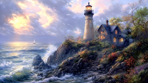 Sunlit coastal lighthouse with turbulent surf and illuminated cottage