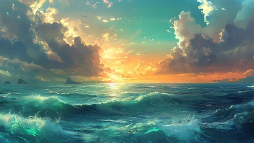 Gentle ocean waves glowing under a radiant sunset sky.