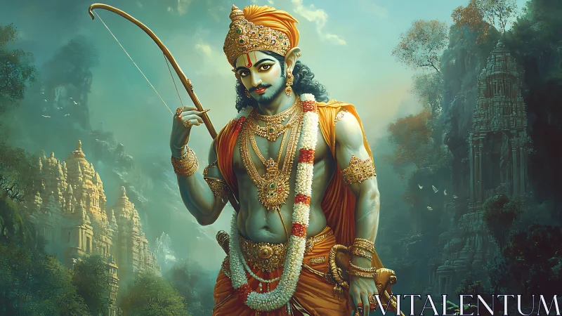 Divine archer stands before misty temple cliffs in teal haze.