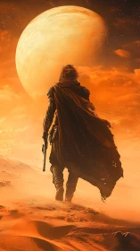 Desert wanderer under colossal planet in blazing sky.