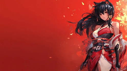 Red-clad anime warrior woman against vivid backdrop.