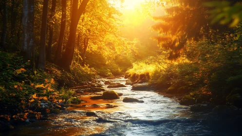 Low-angle autumn forest stream under backlit golden sunrise