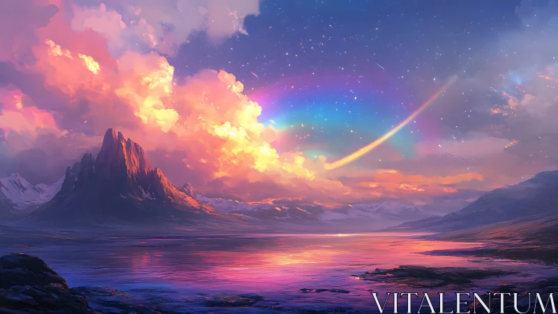 Spectral meteor arc over iridescent alpine lakescape at dusk.