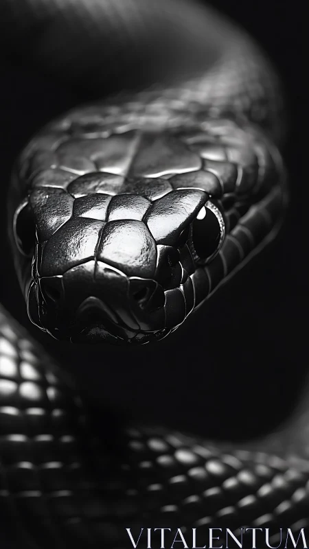 Glossy black snake coils in dramatic monochrome light