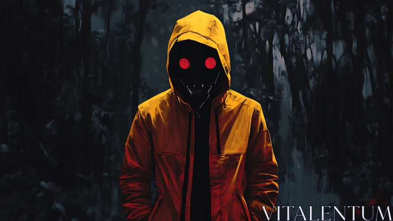 Hooded figure in yellow coat with red eyes in dark forest.
