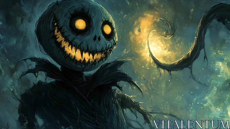 Grinning pumpkin specter glows ominously in stormy night