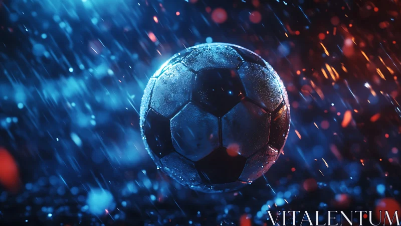 Soccer ball floats in heavy rain with dramatic lighting