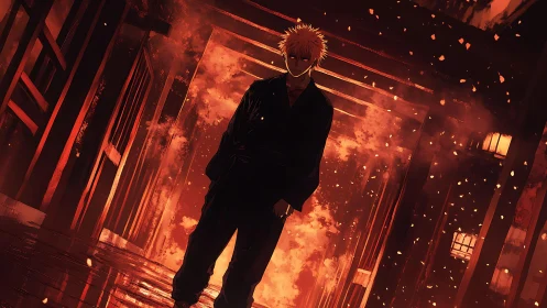 Flame corridor wanderer in ember-lit midnight resolve.