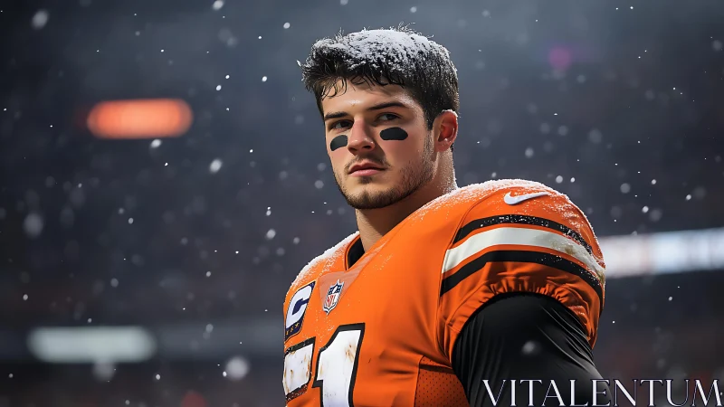 Snowy night portrait of focused American football player.