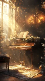 Grand piano in golden winter light with festive garlands