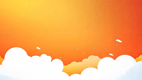 Sunrise sky glows above stylized white cloud horizon.